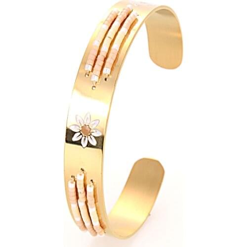 Miasol Gold Handmade Glass Seed Beads Designed Enamel Flower Stainless Steel Open Adjustable Girls Bangles Bracelets