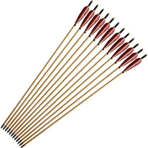 12pcs Handmade Wooden Arrows 33inch with Red Turkey Feather for 25-50lbs Recurve Bow Hunting Arrow