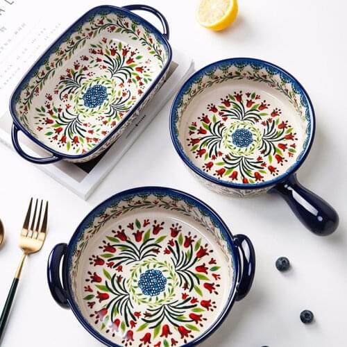 Binaural Soup Bowl Household Ceramic Oven Microwave Special Creative Nordic Style Tableware Handle Baking Bowl Plate