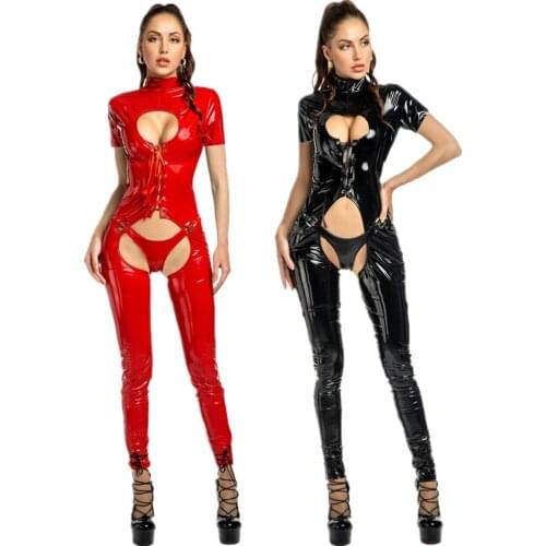 Shiny PVC Bodysuits Women Night Club Dance Wear Sexy Erotic Jumpsuits Bondage Open Crotch Tight Leather Wet Look Jumpsuit