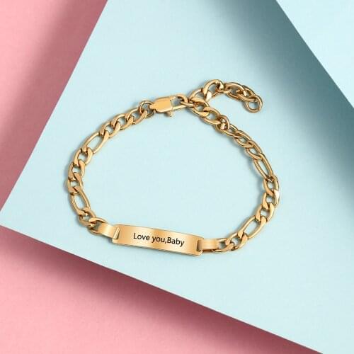 Personalized Engraving ID Tag Bar Bracelets 316L Stainless Steel Gold Plated Nameplate Link Chain Bracelet Bangles for Men Women