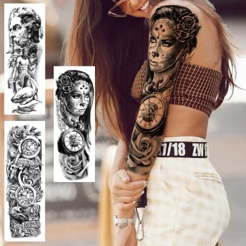 Black Nun Temporary Tattoos Sleeves For Women Men Adult Gangster Rose Compass Fake Tattoo Sticker Sexy Full Arm Tatoo Long