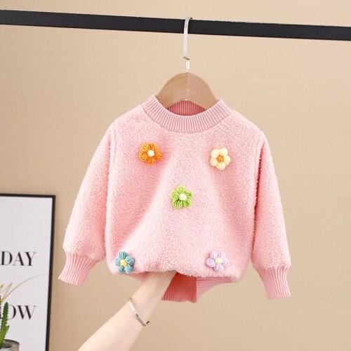 1-5 Years Old Girl Boy Baby Knitted Sweater 2021 New Autumn Fall Winter Flower Appliques Clothes Kids Fleece Childrens Clothing