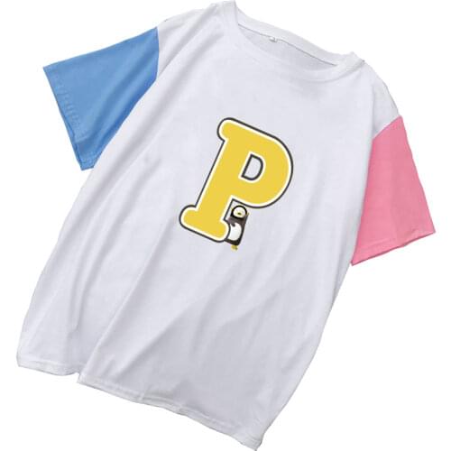 Summer Kawaii Penguin Cartoon Print T Shirt Women Korea Mascot PENGSOO Tops Tee Casual Contrast Color Patchwork Harajuku Clothes