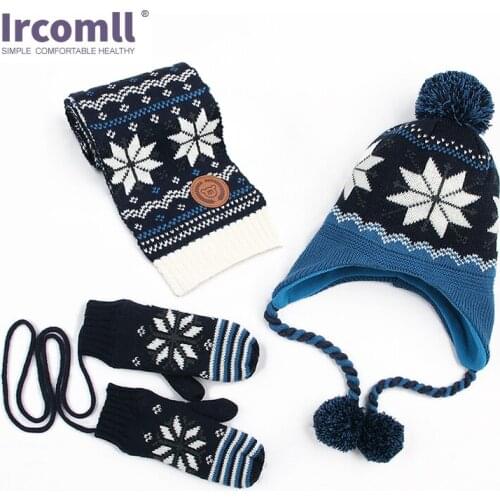 Ircomll 3 Pcs Girl Boy Hat Set Double Warm Cap Winter Baby Knit Hat Boy Wool Hat+Scarf+Gloves Winter Accessories