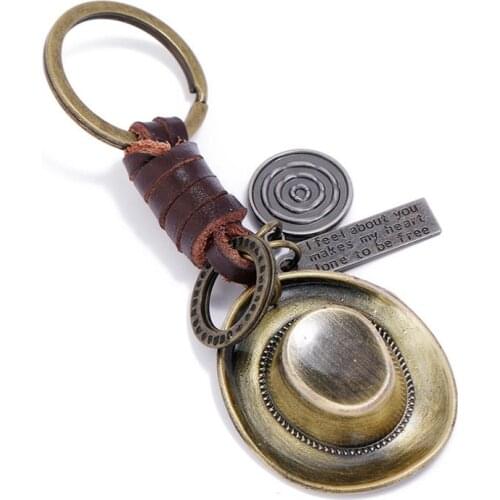 Cowboy Cowgirl Hat Vintage Keychain Fashion Metal Charm Retro Handmade Leather Holder Bag Keyring Car Key Chain Accessories Gift