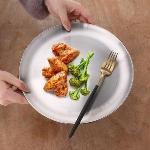 Round Korean Stainless Steel Dinner Plates Restaurant Serving Tray Dessert Cake Snack Dishes Silver Storage Plate Cutlery