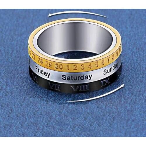 Mens Roman Numerals Date Calendar Time Ring For Rotatable Week Finger Gold Fashion Punk Biker Wedding Stainless Steel Rings