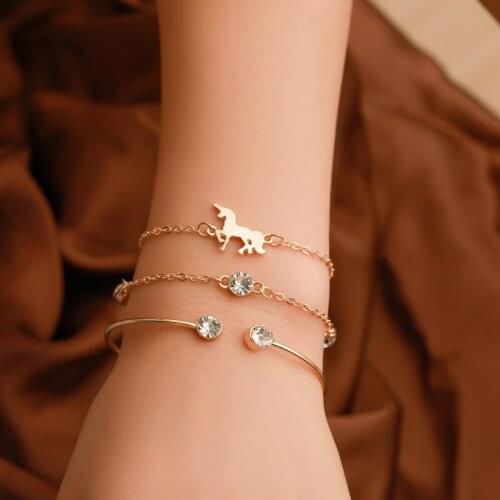 3-piece Set of Bracelet for Women Simple Unicorn Rhinestone Silver Color Thin Chain Bracelet Ethnic Trend Gift Jewelry 2020 New