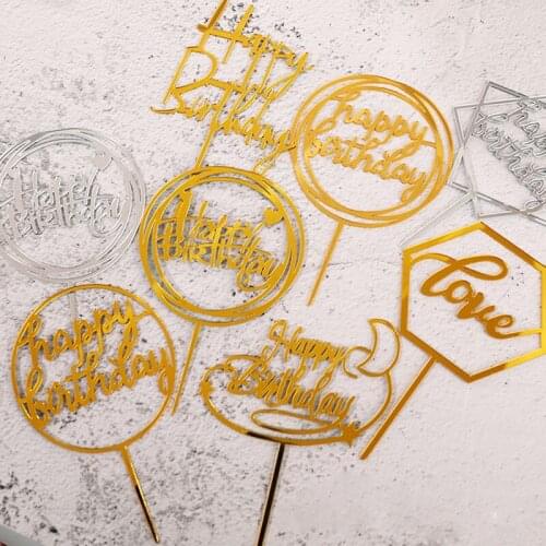 New Happy Birthday Acrylic Cake Topper Wedding Gold Acrylic Cupcake Topper For Kids Birthday Party Cake Decorations Supplies