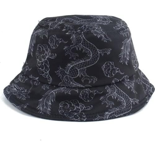 New Fashion Harajuku Punk Black Fisherman Hat Panama Bob Casquette Dragon Print Bucket Hats For Women Men Hip Hop Cap Gorro