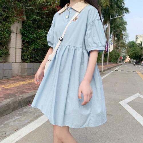Dress Women Harajuku Summer Short Sleeve Kawaii Sweet Girls Midi Dresses Holiday Chic A-line Popular Loose Lapel Soft Japanese