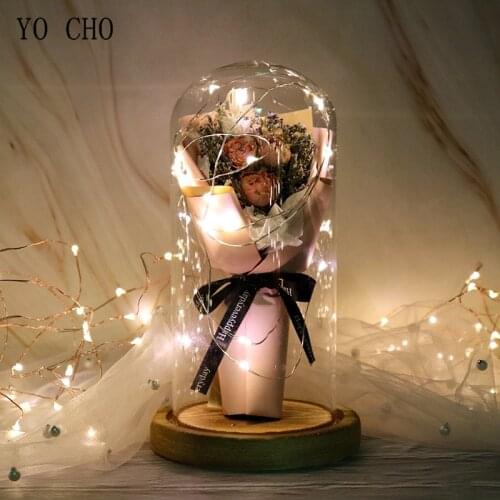 YO CHO Christmas Gift LED String Light Dried Rose Mini Bouquet In Glass Cover Dry Rose Flower Wedding Room Decor Valentines Gift