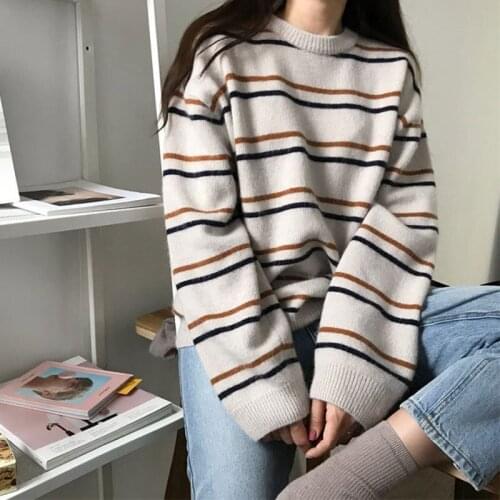 Autumn And Winter New Casual Loose Korean Womens Round Neck Sweater Knitted Stripe Long Sleeve Vest Sweaters Womens Pullovers