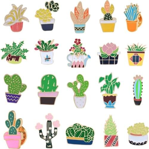 Green Fresh Brooches Cactus Potted Pins Enamel Badge Plants Metal Pin For Female Friends Shirt Lapel Pin High quality Jewelry