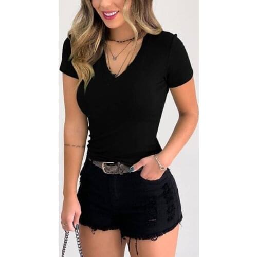 New Womens Cotton T-shirt Summer 2021 Casual Elasticity Short-sleeve V-neck Slim Bottom T-shirt Girls Tops Tees Female