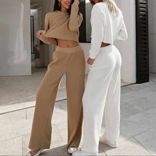 Solid Crop Tops Wide Leg Pants Tracksuit women O-neck Pullover High Waist Trousers Female Sets 2021 Summer Lady Streetwear Set