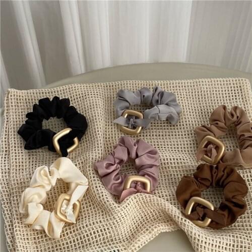 Women Solid Color Satin Hair Ties Lady Fashion Geometric Alloy Hair Rope