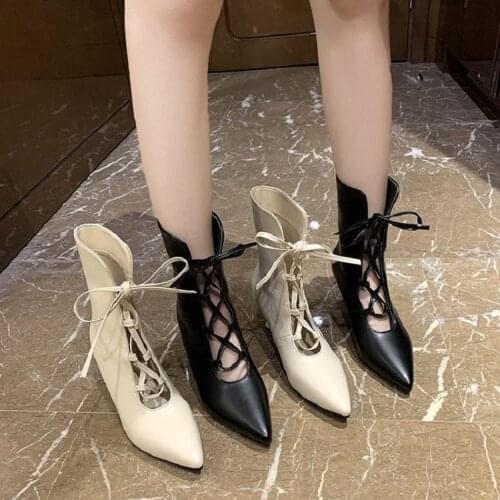 Short Tube Pointed Toe Hollow Sexy Stiletto Ladies Martin Boots Spring And Autumn New Korean Style Wild Lace-Up Single Boots