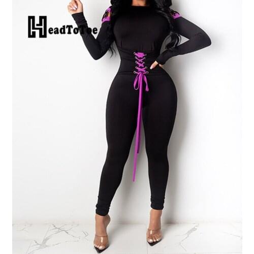 Colorblock Print Criss Cross Lace Up Fashion Basic Romper Woman Long Sleeve Round Neck Skinny Jumpsuit Women