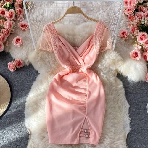 2021 Summer New Sexy Lace Halter Dress Women Deep V-neck Robe Elegant Party Wrinkle Slim Vestidos Hip Dress Short Sleeves Corset