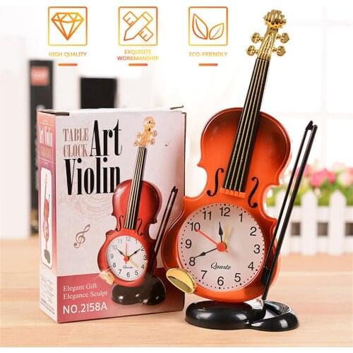 1Pc Unique Instrument Shape Clock Vintage Clock Home Office Decor Mini Bedside Desk Violin Alarm Clock Student Festival Gifts