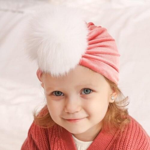8pcs/lot PomPom Velvet Baby Girl Hat Baby Velvet Beanie Hats Infant Cap Accessories