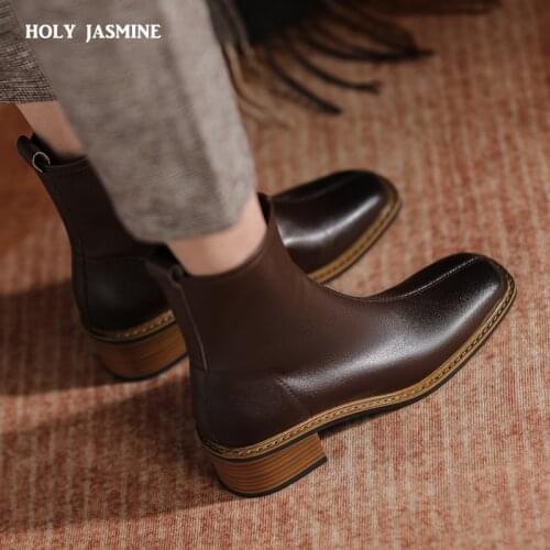 Round Toe High Heels Women Ankle Boots Side Zipper Genuine Leather Office Autumn Winter Shoes Woman Fashion Concise Women Shoes