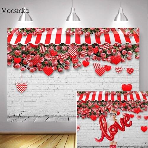 Red Rose Valentines Day Photography Backdrop White Brick Wall Flowers Wedding Portrait Background for Photo Studio Props