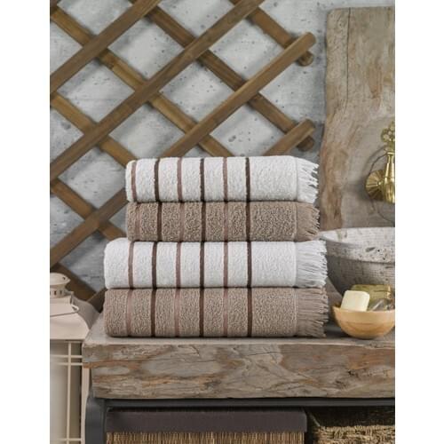 Rebekah Cotton Towel 4 Lu Cream White Püsk Bathroom Set 70x140 cm