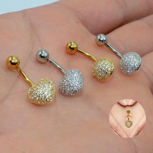 1pc Heart Belly Button Rings Surgical Steel Gold Zircon Round Navel Piercing Rings Belly Bar Body Jewelry 14g
