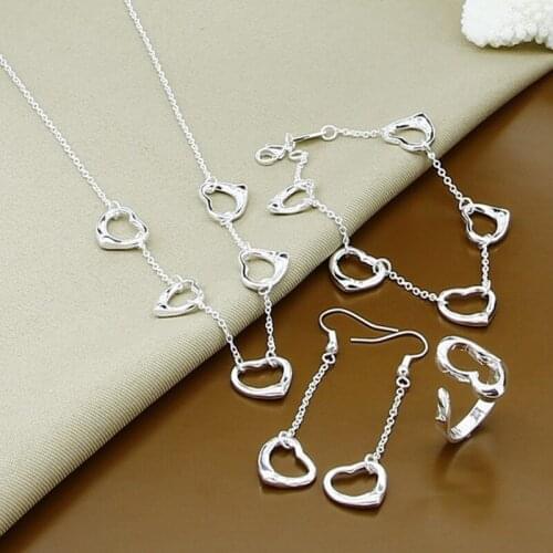 New Style 925 Sterling Silver Heart Shaped Necklace Bracelet Earrings Ring Set For Female Engagement Party Wedding Fashion Charm