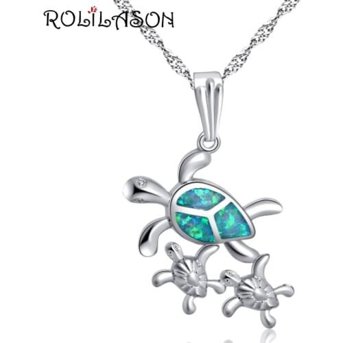 ROLILASON New fashion Style Tortoises Design green Fire Opal 925 Silver Necklace Pendants Fashion Jewelry for girl OP812