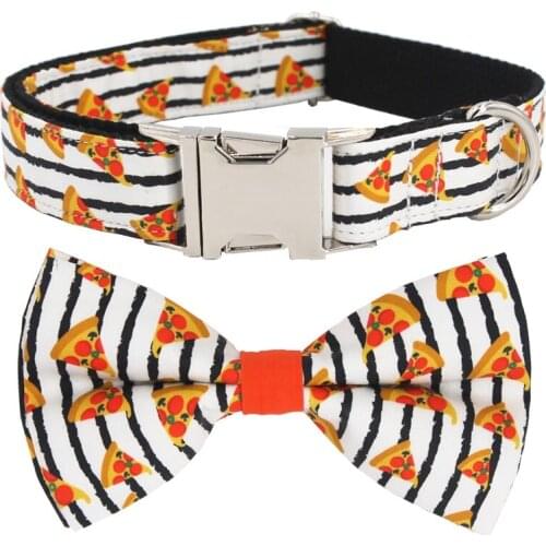 Popular Pizza Pattern dog collar and leash with bow tie for big and small dog cotton fabric collar rose gold metal buckle