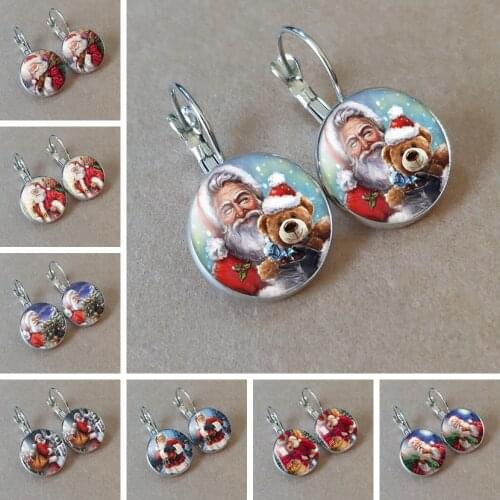 Merry Christmas Glass Cabochon Women Stud Earrings Cute Cartoon Santa Claus Earrings Christmas Bell Earrings for Girl Daughter