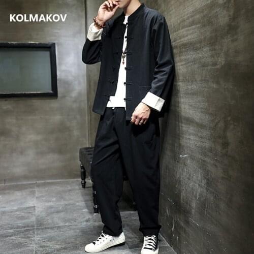 Shirt + trousers)2021 autumn fashion long sleeve men shirt Cotton and linen shirts mens casual shirts men full size M-5XL