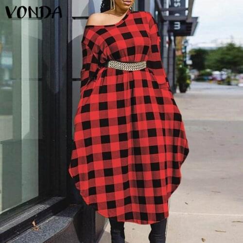 VONDA Vintage Women Plaid Long Dress 2021 Autumn Long Sleeve Printed Party Robe Femme Bohemian Maxi Vestidos Oversizd Sundress