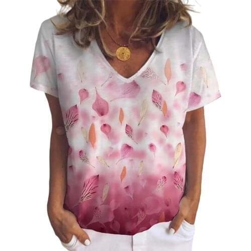 New Casual T Shirt Women Summer Leaf Print V Neck Short Sleeve Fashion Loose Streetwear Tops Women Plus Size Tee Shirts