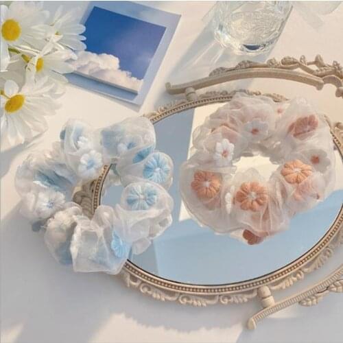 Sweet Embroidery Flowers Mesh Scrunchies Women Romantic Pink Blue Hair Rope Transparent Hair Ties Hair Accessories