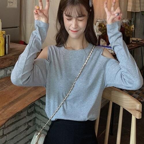 Womens Spring Summer Style Blouses Shirt Womens Solid Off Shoulder Long Sleeve O-neck Hollow Out Temperament Tops DD8591