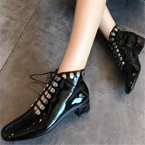 Women Ankle Martin Boots Punk Genuine Leather Black Block Heels Boots Flock Fashion Shoes Rivets Metal Decor Boots Ladies Shoes