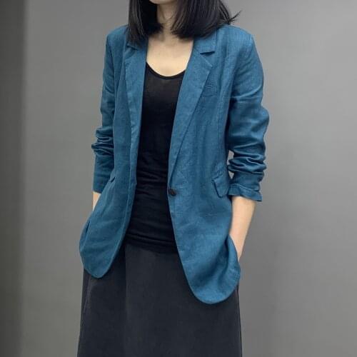 Cotton and Linen Women Blazer 2021 Summer New Solid Pocket Loose Blue Office Lady Elegant Notched Outwear Coat Tops All Match