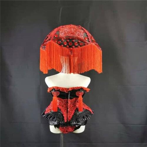 RE78 Sexy women stage dance costumes red umbrella headdress gogo bodysuit singer outfit party clothe dj dress wears headwear bar
