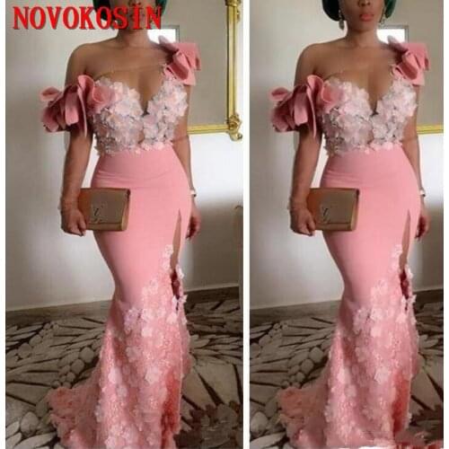 2019 New Slim Mermaid Formal Dress Sheer Long Sleeves Neck Side Split Evening Dress Handmade Flowers Vestido African Party Gown