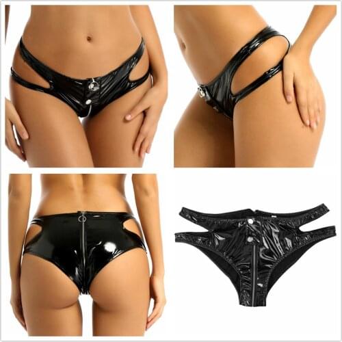 Women Patent Flashing Sexy Leather Underwear Zipper Crotch Shiny Briefs Nightwear Party Low-waisted Underpant