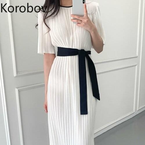 Korobov Korean Hit Color Patchwork Women Dress Vintage O Neck Short Sleeve Dresses Lacing Bow OL Vestidos Femme