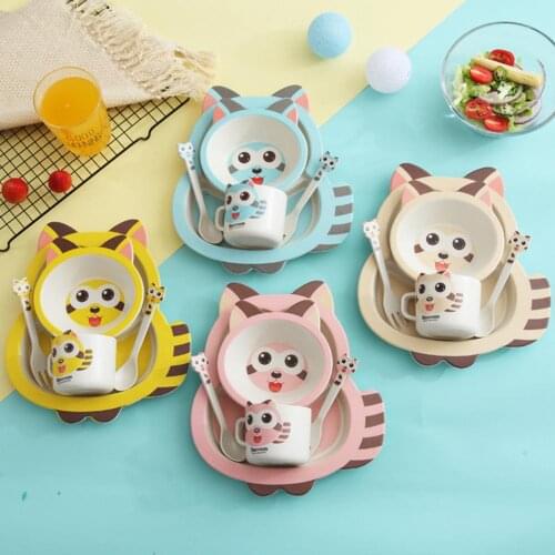 5pcs/set Baby Dish Training Tableware Children Cute Cartoon Feeding Food Dishes Kids Dinnerware with Bowl Cup Spoon Fork Plate