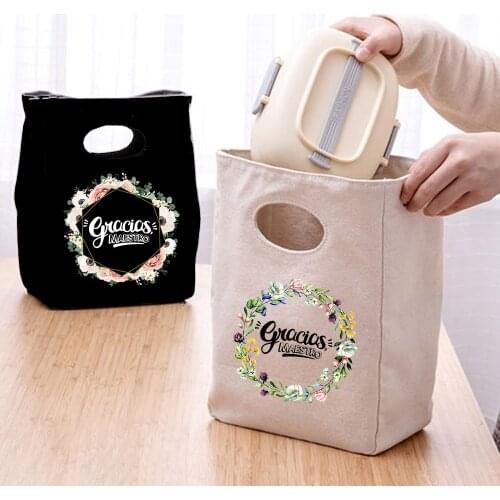 Gracias Maestro Fashion Flower Printing Lunch Bags Thermal Box Bag for Kids Student School Canvas Eco High Capacity Picnic Tote