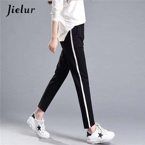 Jielur Fashion Side-stripe Pants Female White Bar Patchwork Harem Pants Leisure Sweatpants Women Casual Elastic Waist Trousers