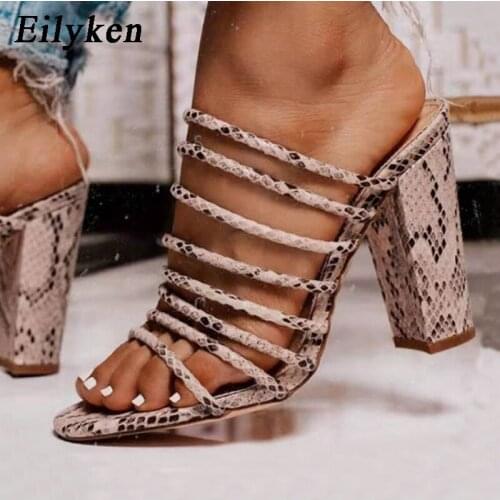Eilyken New Snake grain Women Square Thick High Heel Slippers Summer Open Toe Slippers Sandals Female Shoes Size 35-42